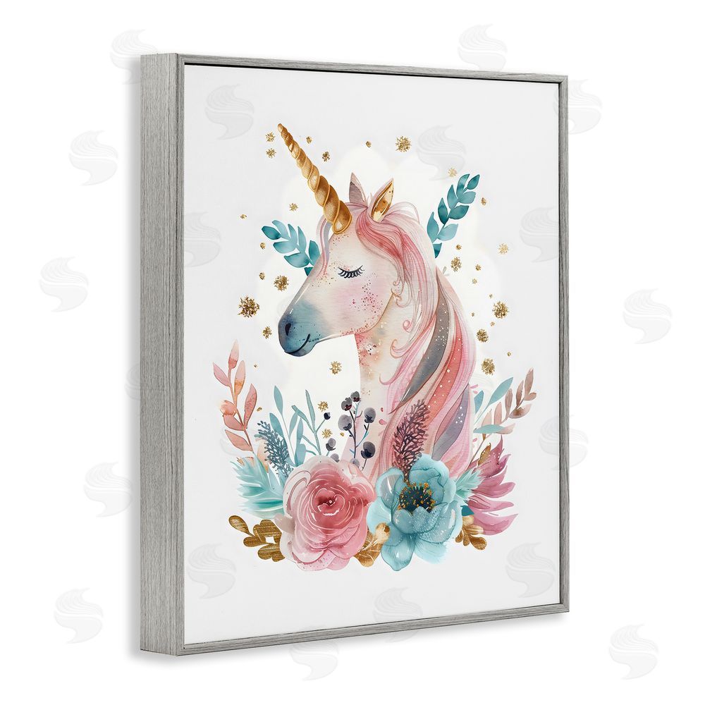 LSR Design Studio Floral Unicorn with Gold Details Gray Framed Giclee Wall Art Print