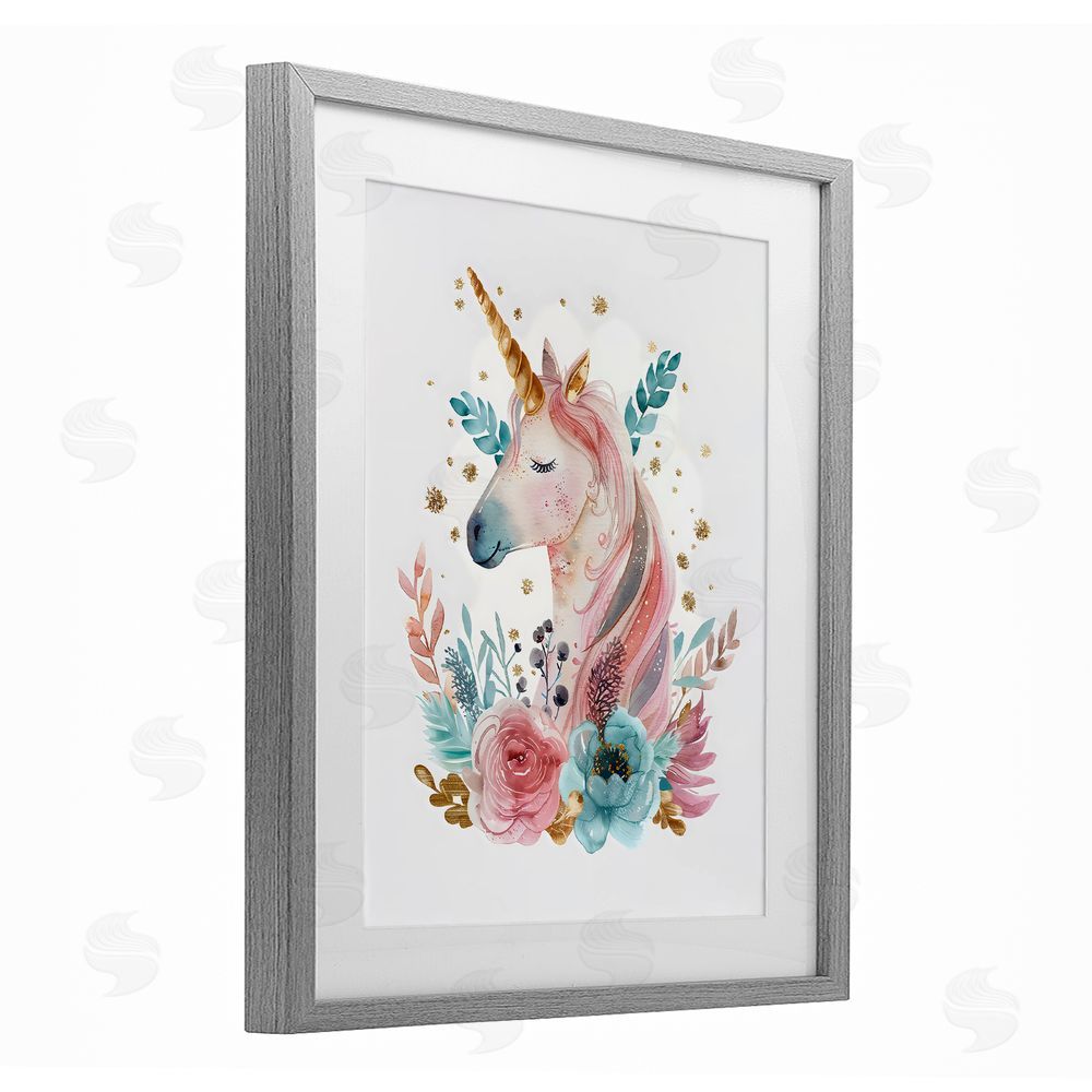 LSR Design Studio Floral Unicorn with Gold Details Gray Framed Print Under Glass with Mat Wall Art