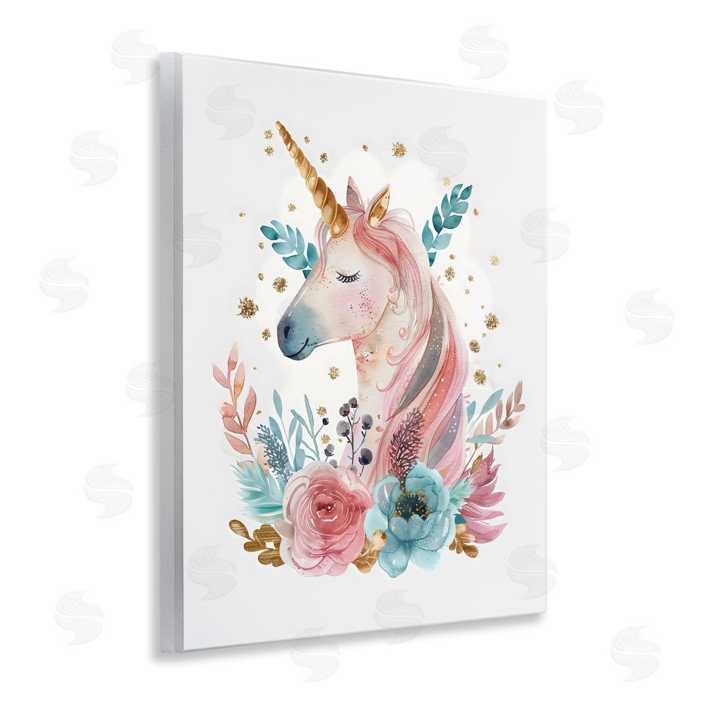 LSR Design Studio Floral Unicorn with Gold Details Wooden Wall Plaque Art Print