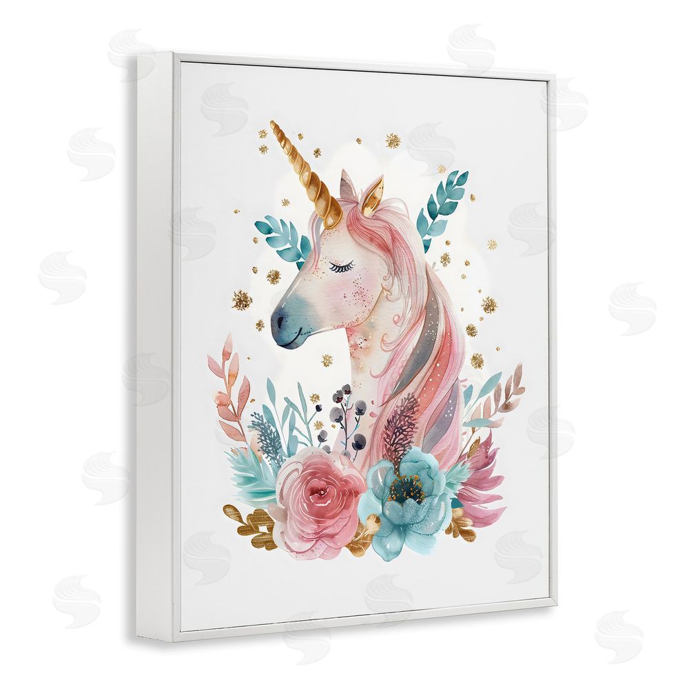 LSR Design Studio Floral Unicorn with Gold Details White Framed Giclee Wall Art Print