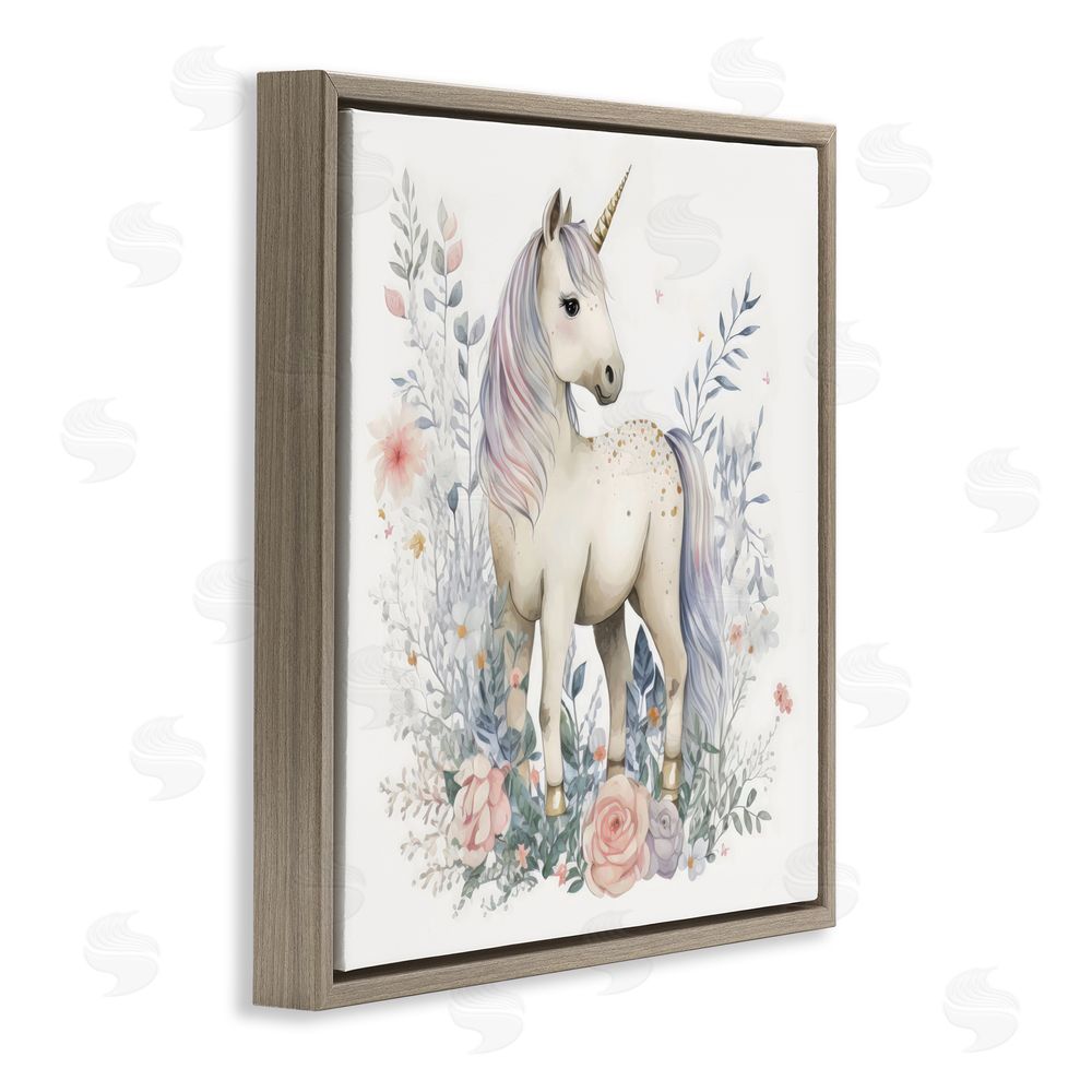 Creative Studio Unicorn in Delicate Floral Forest Brown Floating Frame Canvas Wall Art Print