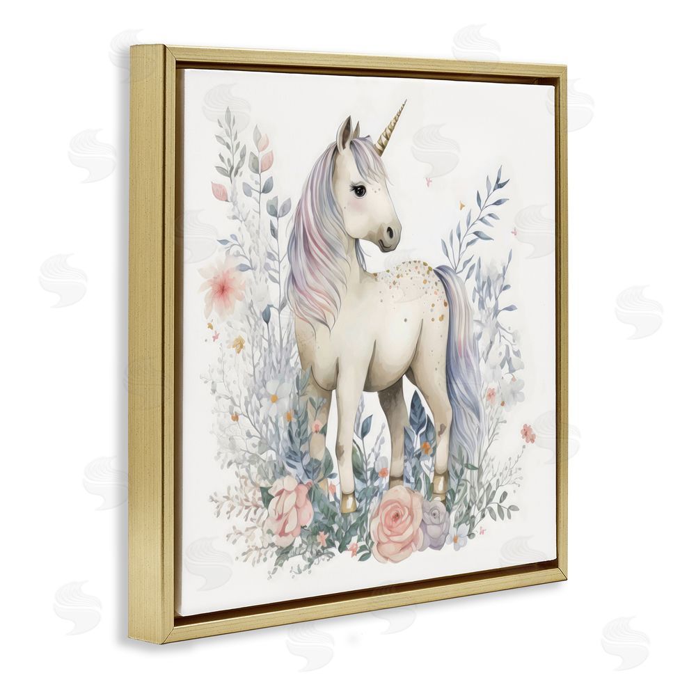Creative Studio Unicorn in Delicate Floral Forest Gold Floating Frame Canvas Wall Art Print