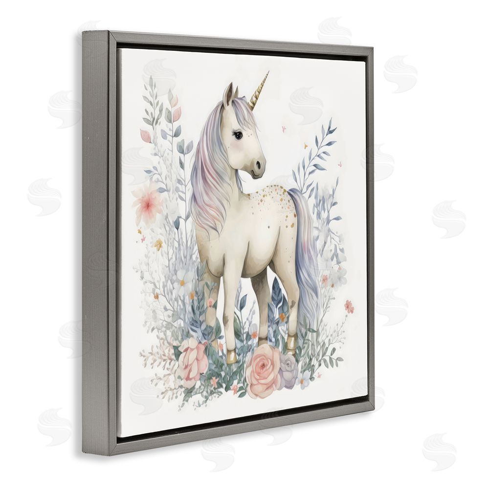 Creative Studio Unicorn in Delicate Floral Forest Gray Floating Frame Canvas Wall Art Print