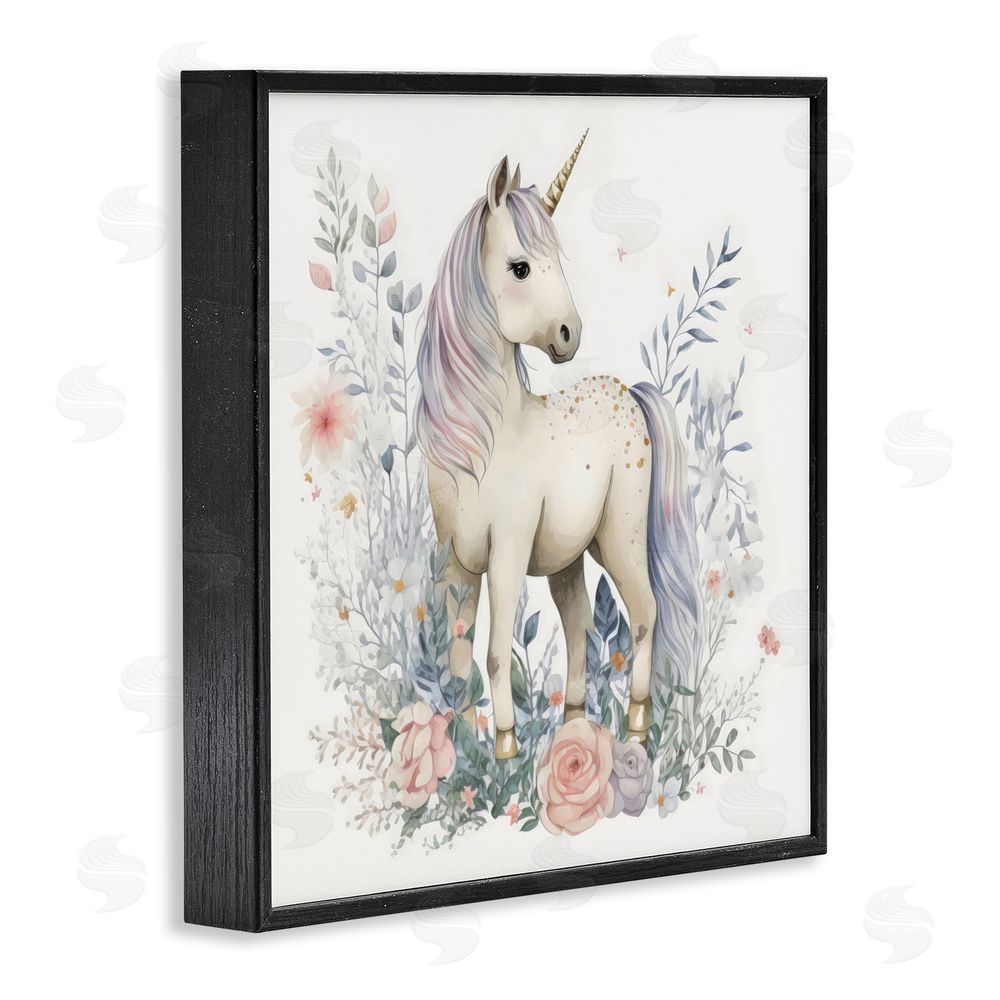 Creative Studio Unicorn in Delicate Floral Forest Black Framed Giclee Wall Art Print
