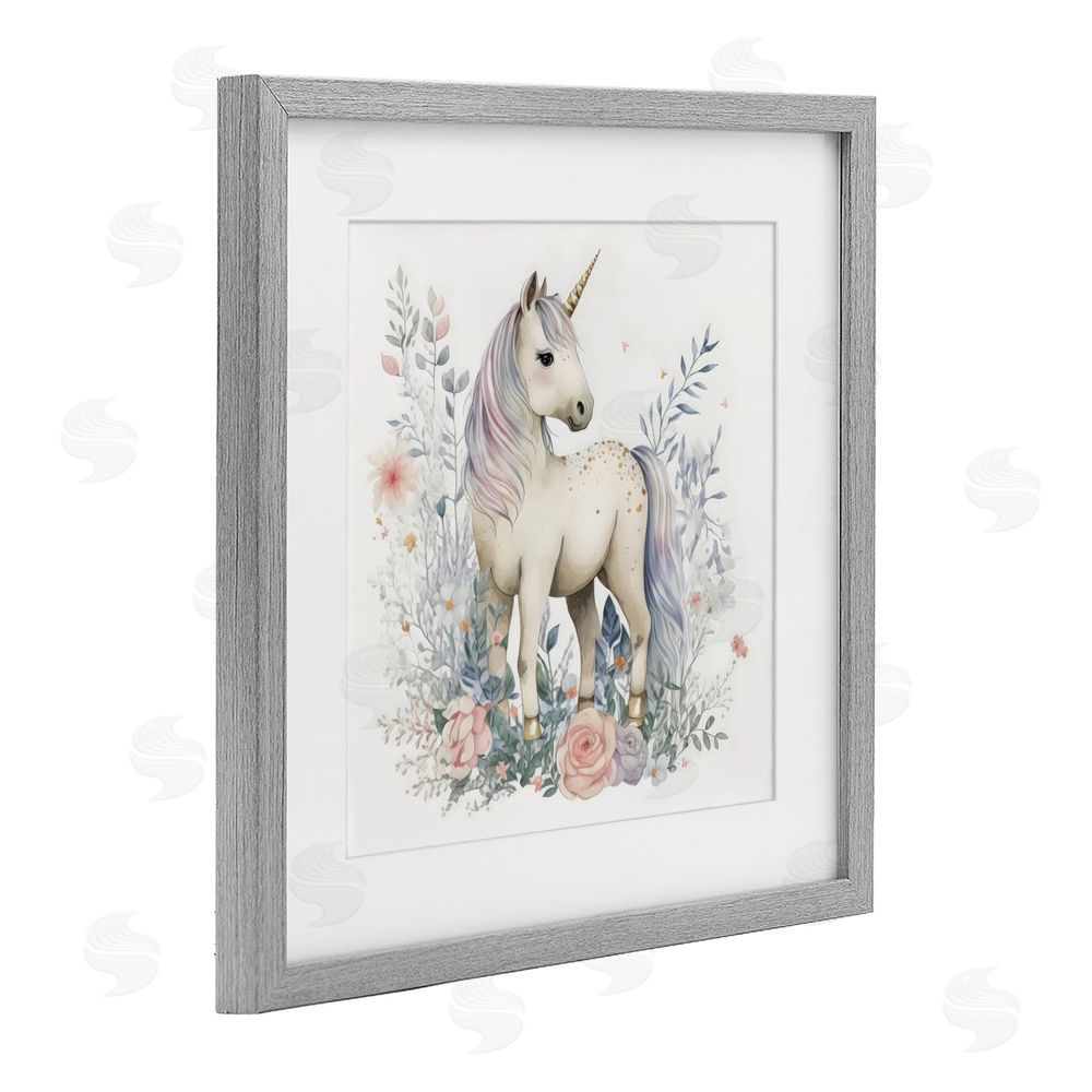 Creative Studio Unicorn in Delicate Floral Forest Gray Framed Print Under Glass Wall Art