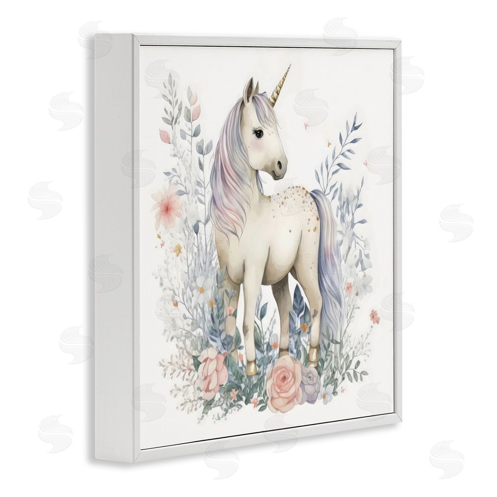 Creative Studio Unicorn in Delicate Floral Forest White Framed Giclee Wall Art Print