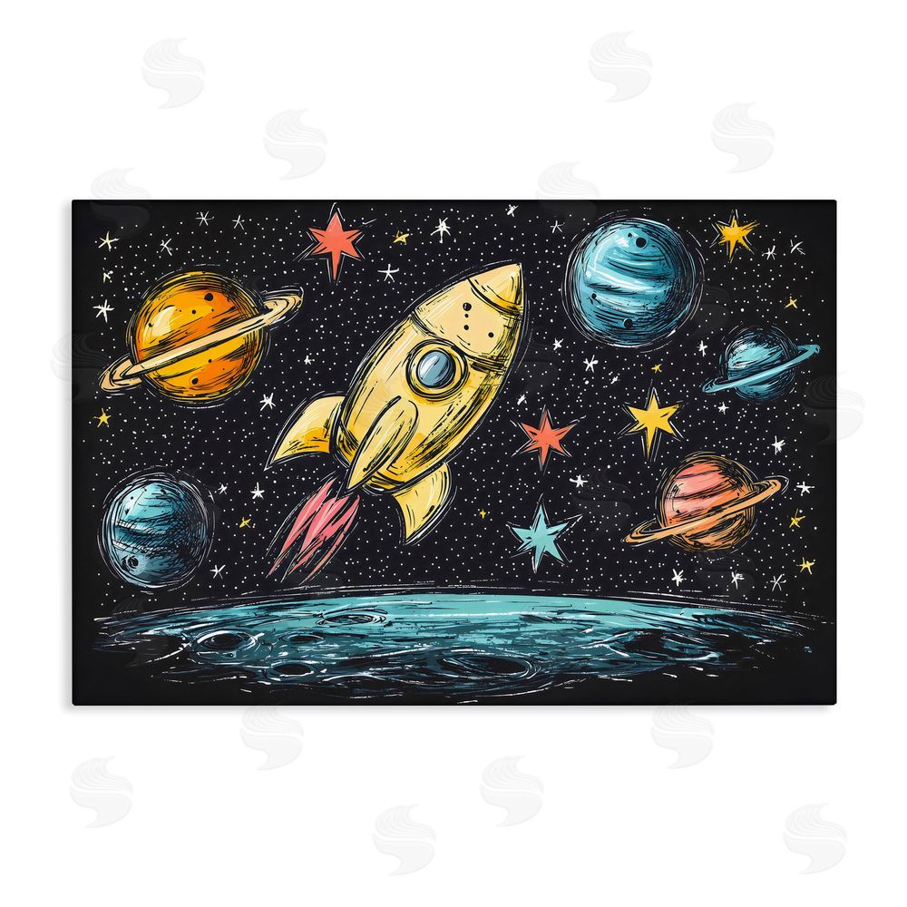 Creative Studio Whimsical Rocket & Planets Stretched Canvas Wall Art Print