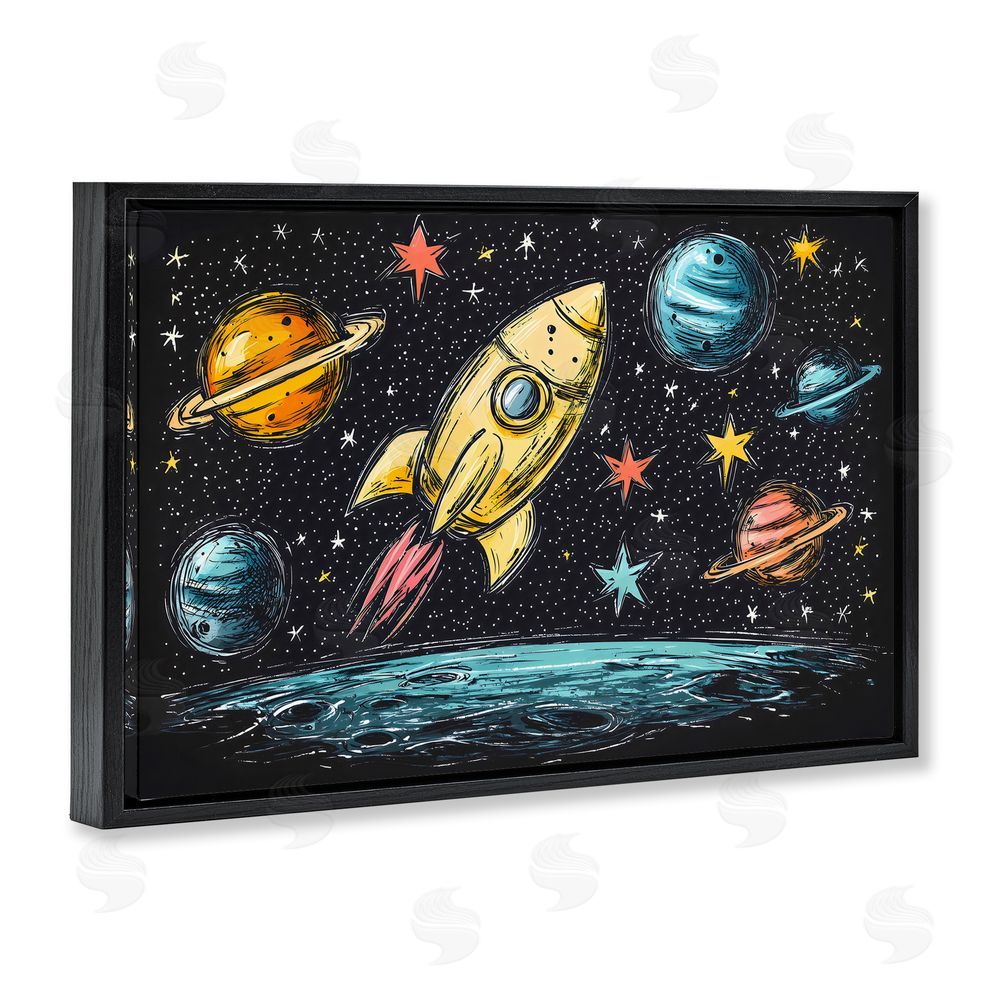 Creative Studio Whimsical Rocket & Planets Black Floating Frame Canvas Wall Art Print