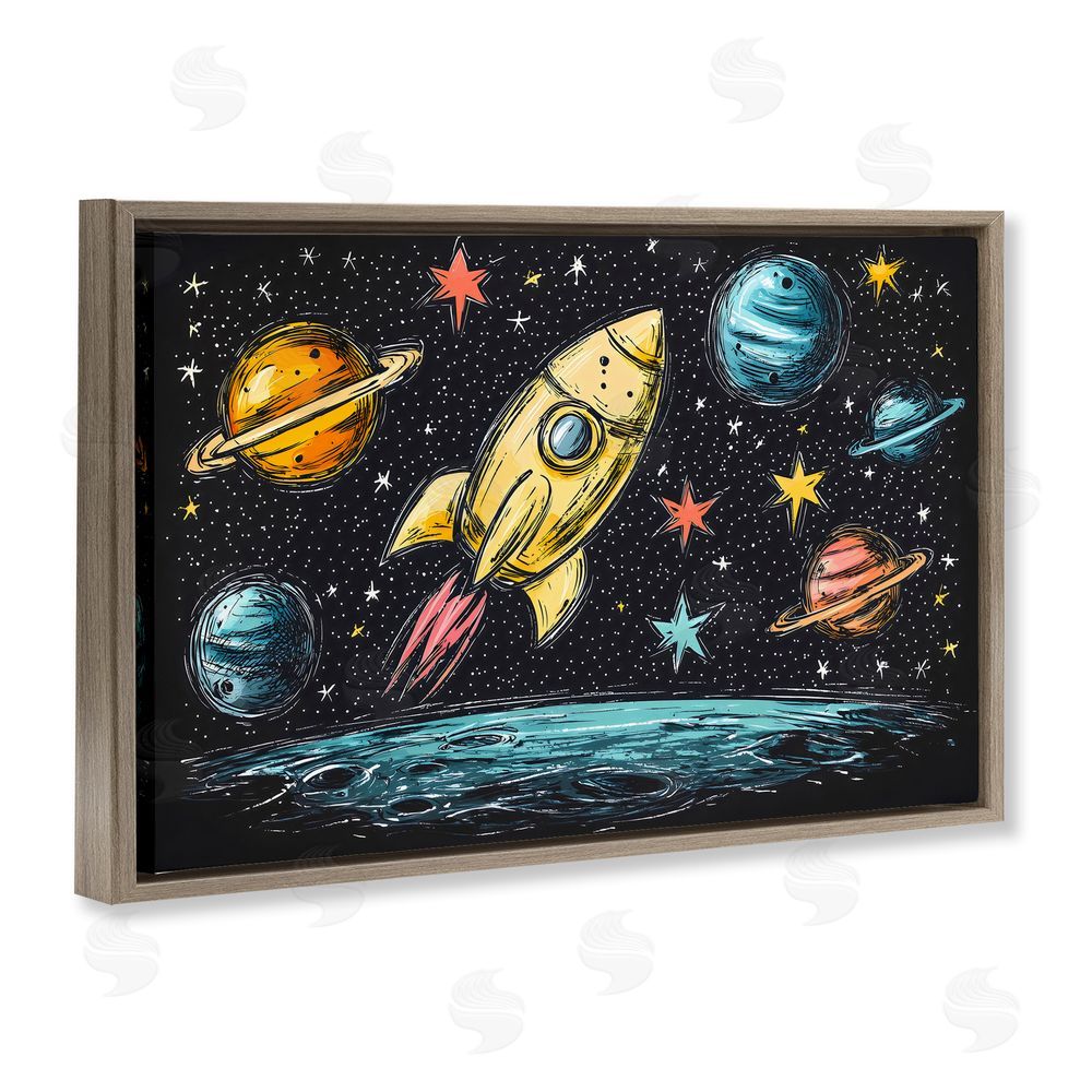 Creative Studio Whimsical Rocket & Planets Brown Floating Frame Canvas Wall Art Print