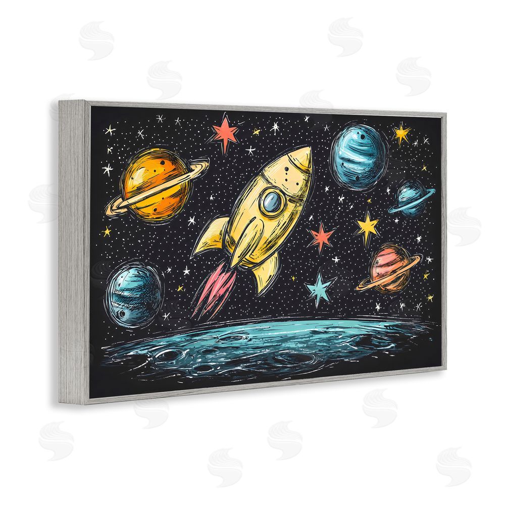Creative Studio Whimsical Rocket & Planets Gray Framed Giclee Wall Art Print