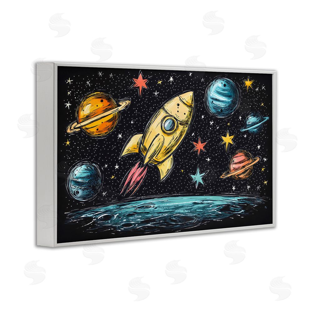 Creative Studio Whimsical Rocket & Planets White Framed Giclee Wall Art Print