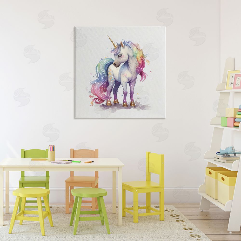 Creative Studio Watercolor Unicorn & Rainbow Mane Stretched Canvas Wall Art Print in Room