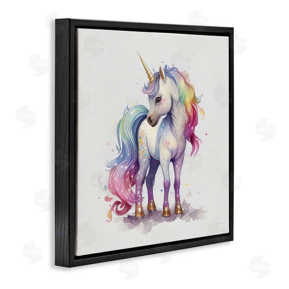 Creative Studio Watercolor Unicorn & Rainbow Mane Black Floating Frame Canvas Wall Art Print