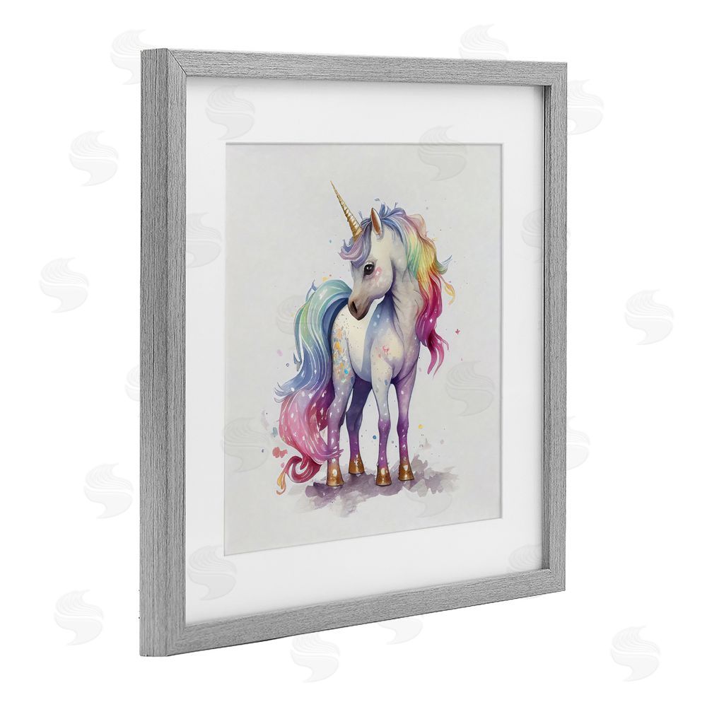 Creative Studio Watercolor Unicorn & Rainbow Mane Gray Framed Print Under Glass Wall Art