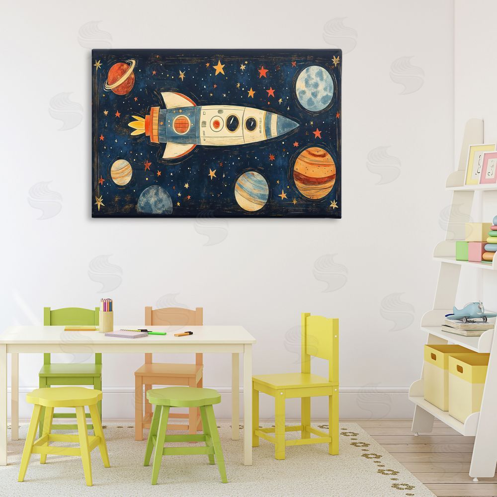 Creative Studio Retro Rocket & Planets Stretched Canvas Wall Art Print in Room