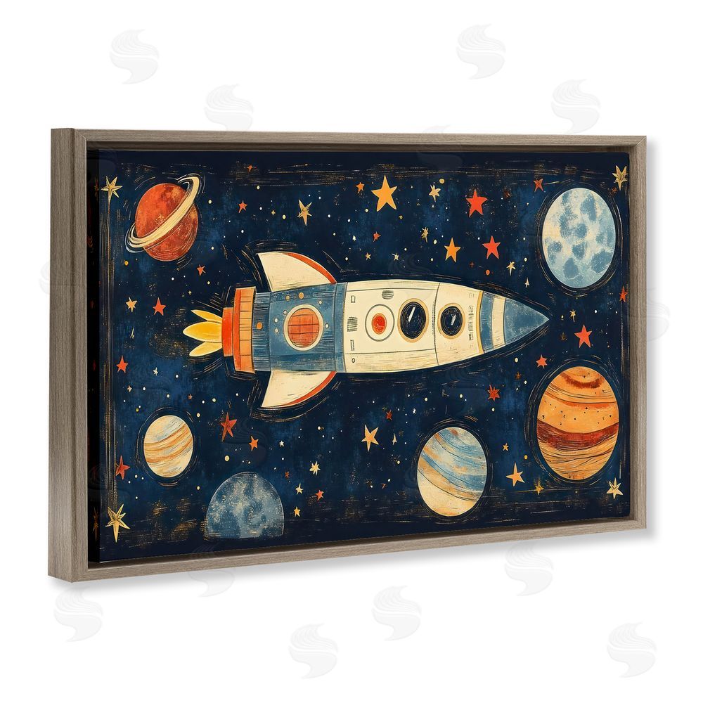 Creative Studio Retro Rocket & Planets Brown Floating Frame Canvas Wall Art Print