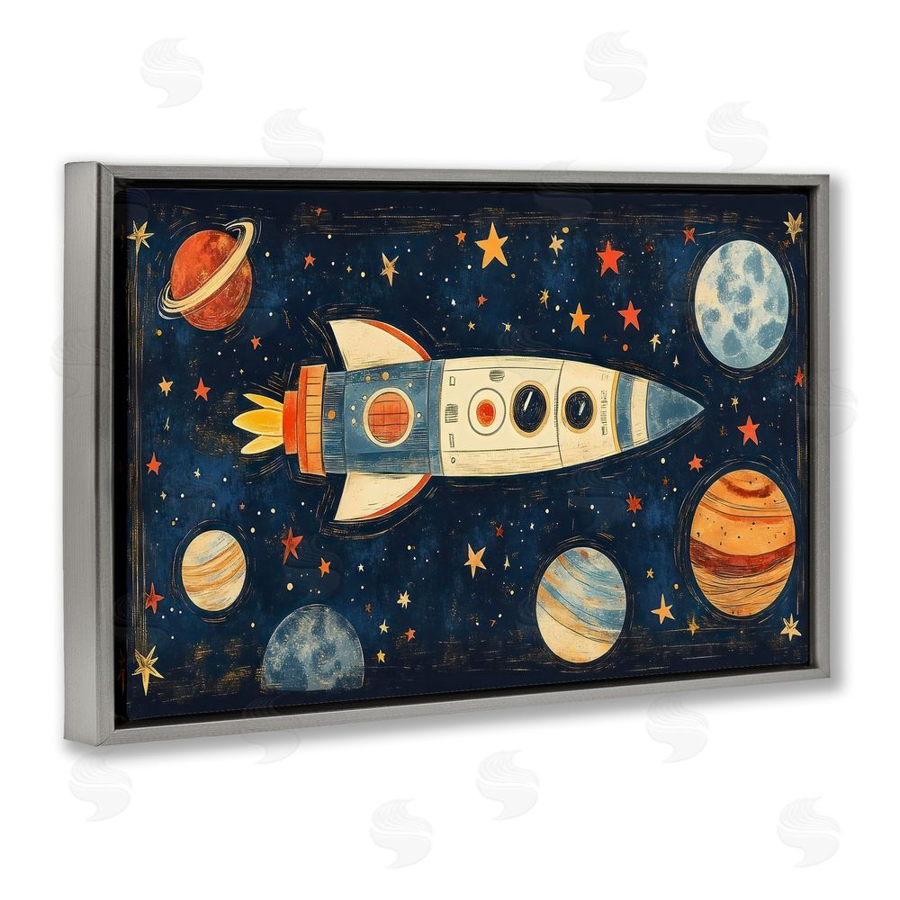 Creative Studio Retro Rocket & Planets Gray Floating Frame Canvas Wall Art Print