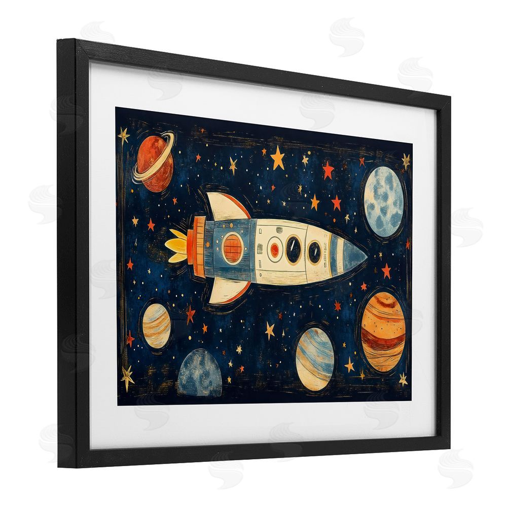 Creative Studio Retro Rocket & Planets Black Framed Print Under Glass Wall Art