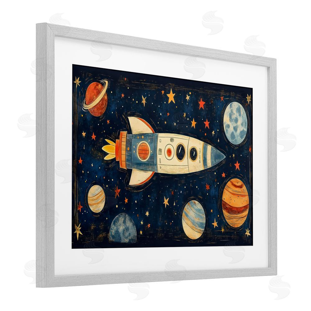 Creative Studio Retro Rocket & Planets Gray Framed Print Under Glass Wall Art