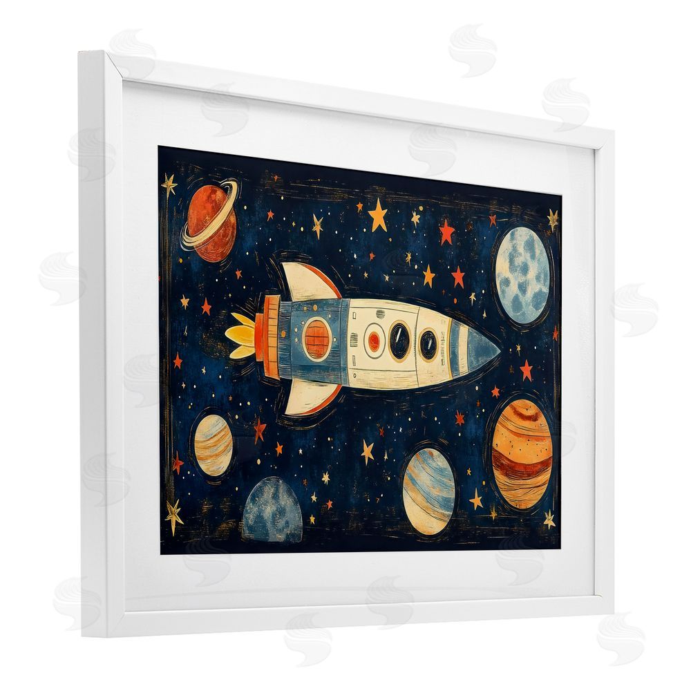 Creative Studio Retro Rocket & Planets White Framed Print Under Glass Wall Art