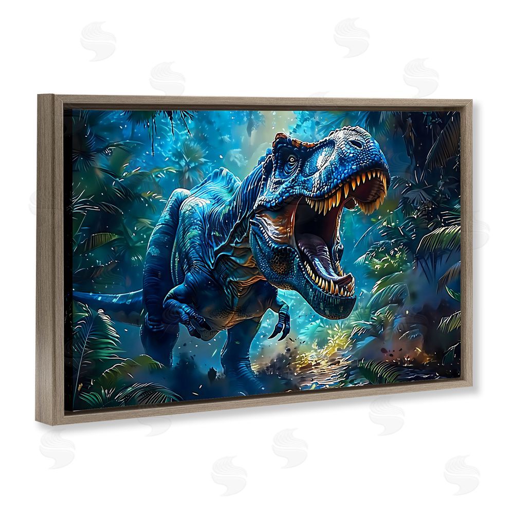 Creative Studio Blue Toned Dinosaur Roar Brown Floating Frame Canvas Wall Art Print