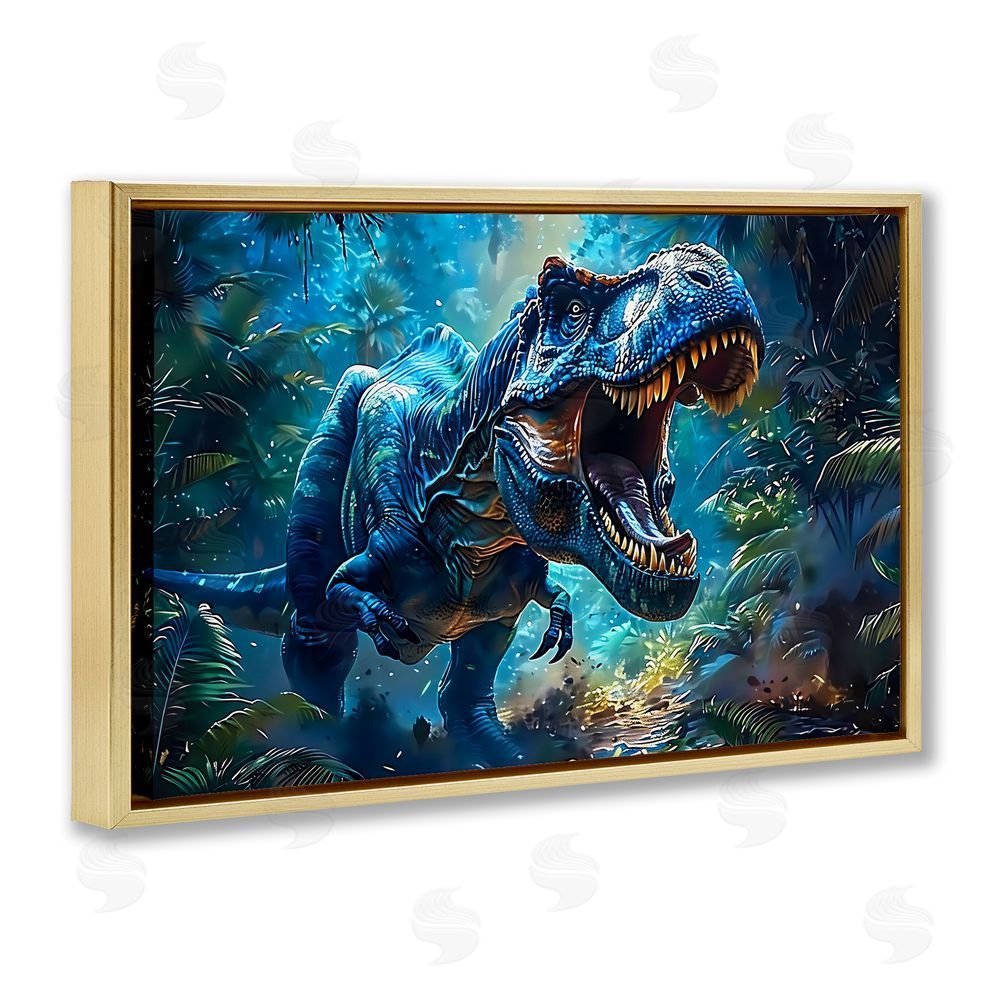 Creative Studio Blue Toned Dinosaur Roar Gold Floating Frame Canvas Wall Art Print