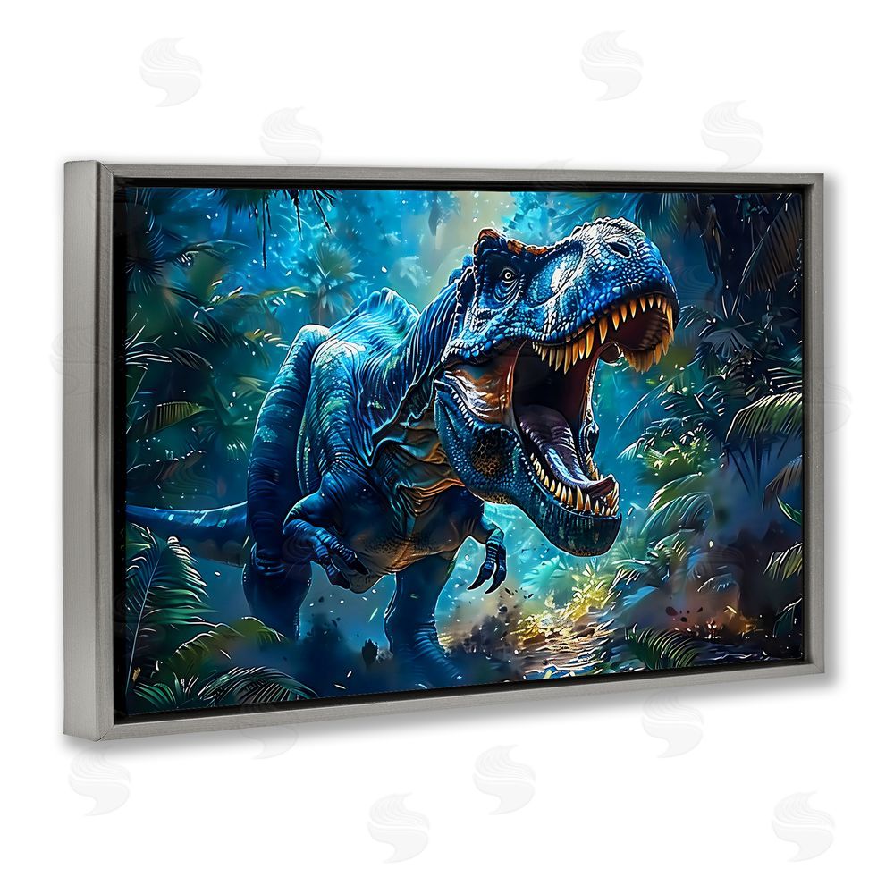 Creative Studio Blue Toned Dinosaur Roar Gray Floating Frame Canvas Wall Art Print