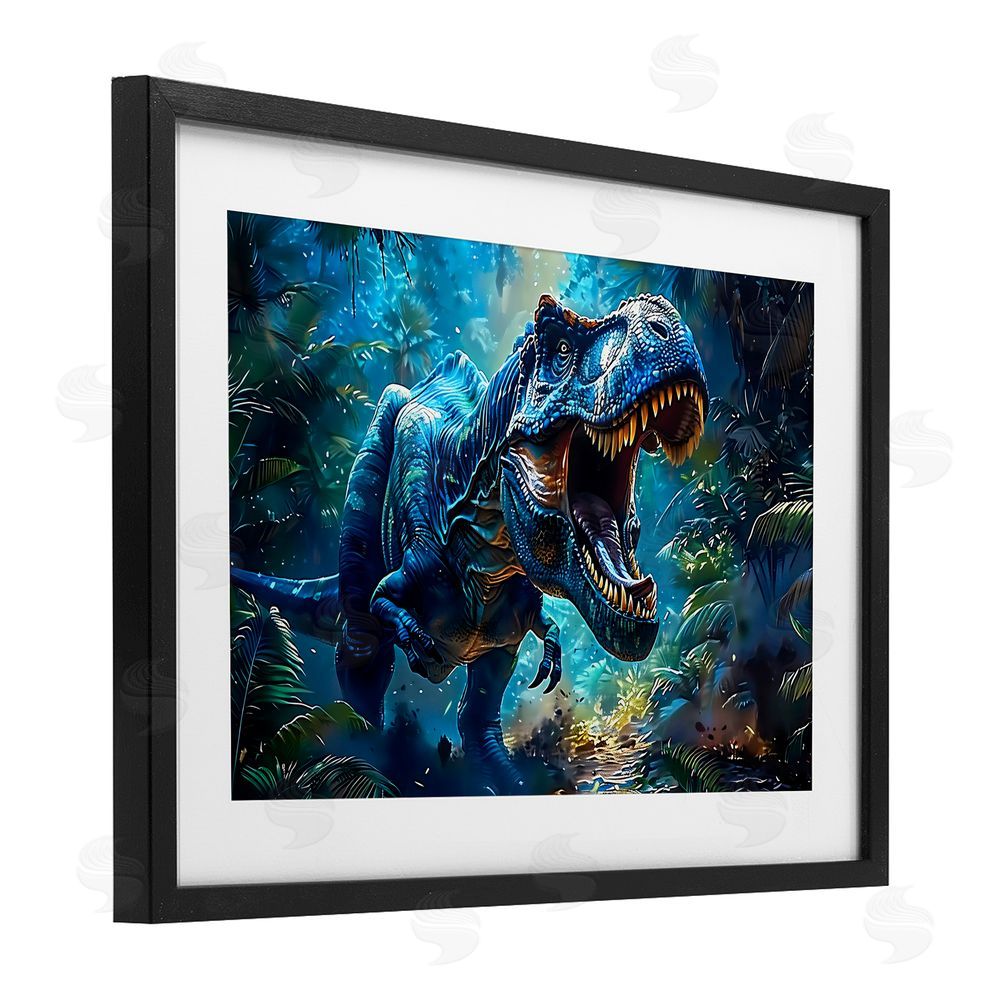 Creative Studio Blue Toned Dinosaur Roar Black Framed Print Under Glass Wall Art