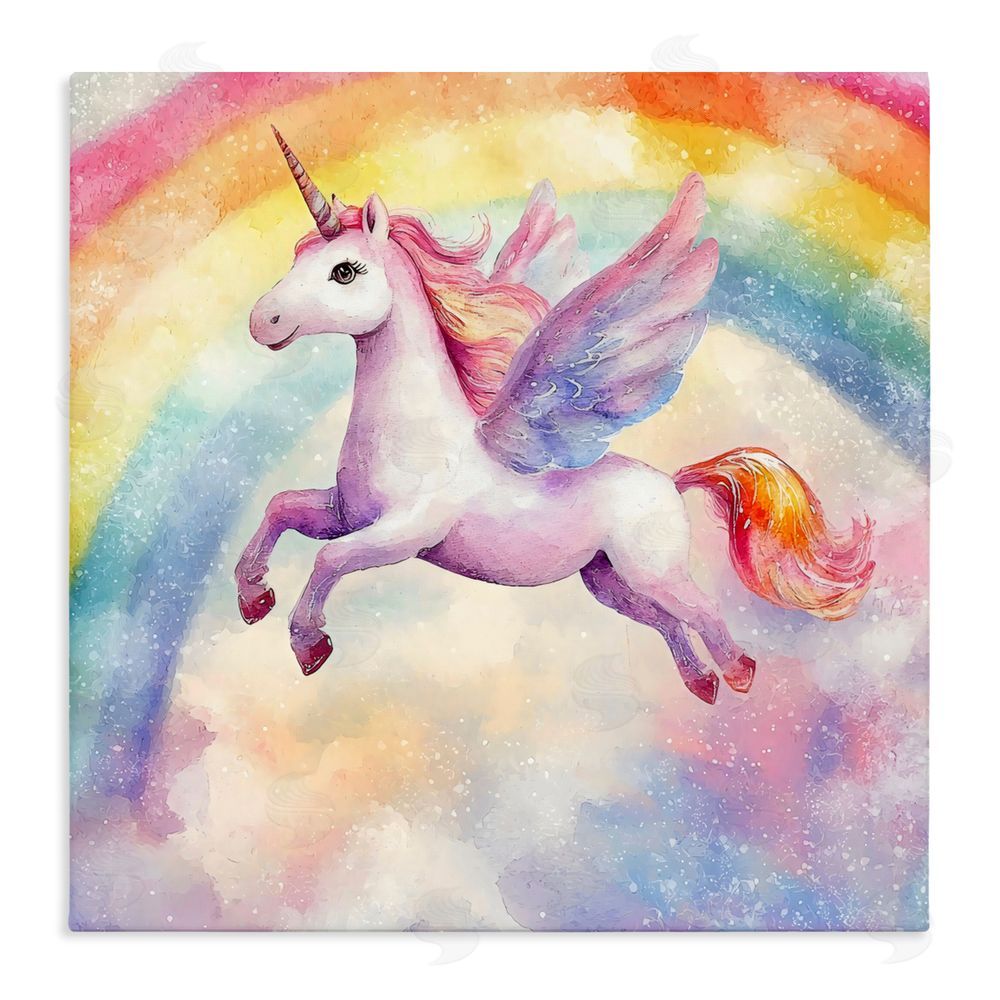Creative Studio Flying Unicorn In Rainbow Sky Stretched Canvas Wall Art