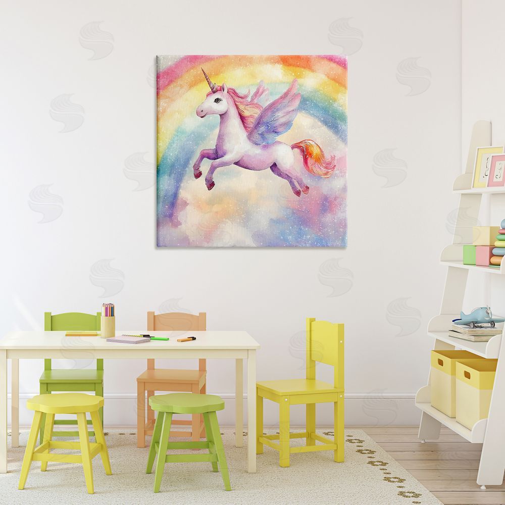 Creative Studio Flying Unicorn In Rainbow Sky Stretched Canvas Wall Art in Room
