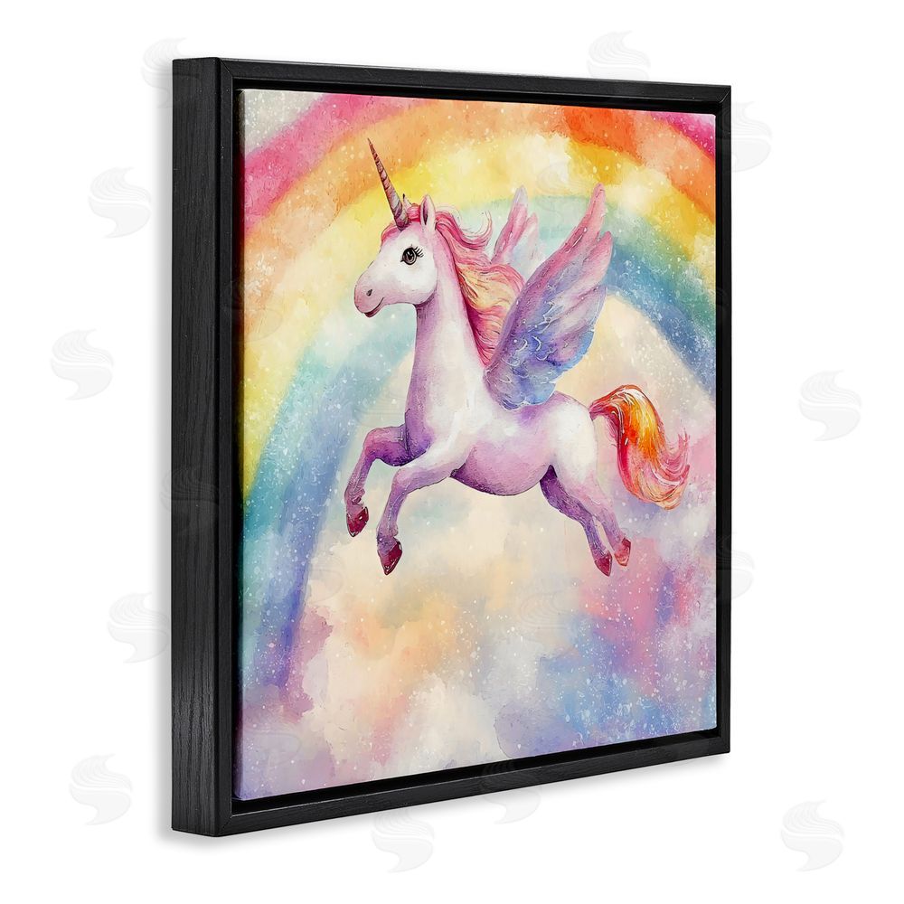 Creative Studio Flying Unicorn In Rainbow Sky Black Floating Frame Canvas Wall Art
