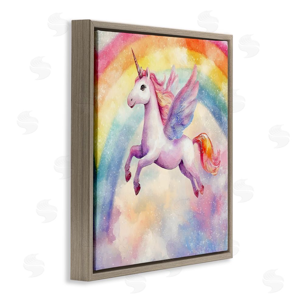 Creative Studio Flying Unicorn In Rainbow Sky Brown Floating Frame Canvas Wall Art