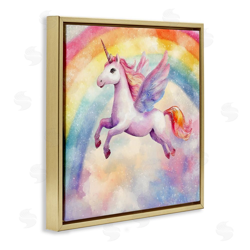 Creative Studio Flying Unicorn In Rainbow Sky Gold Floating Frame Canvas Wall Art