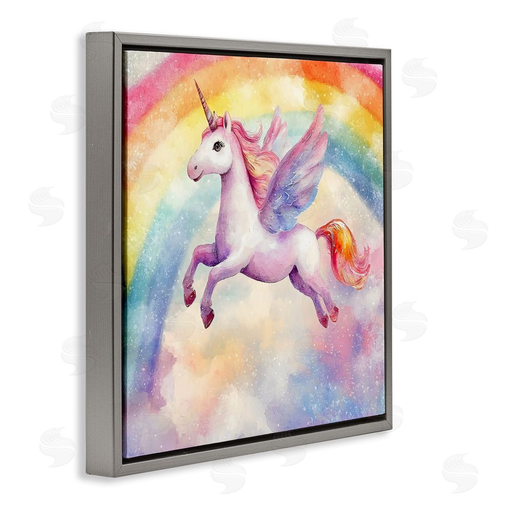 Creative Studio Flying Unicorn In Rainbow Sky Gray Floating Frame Canvas Wall Art