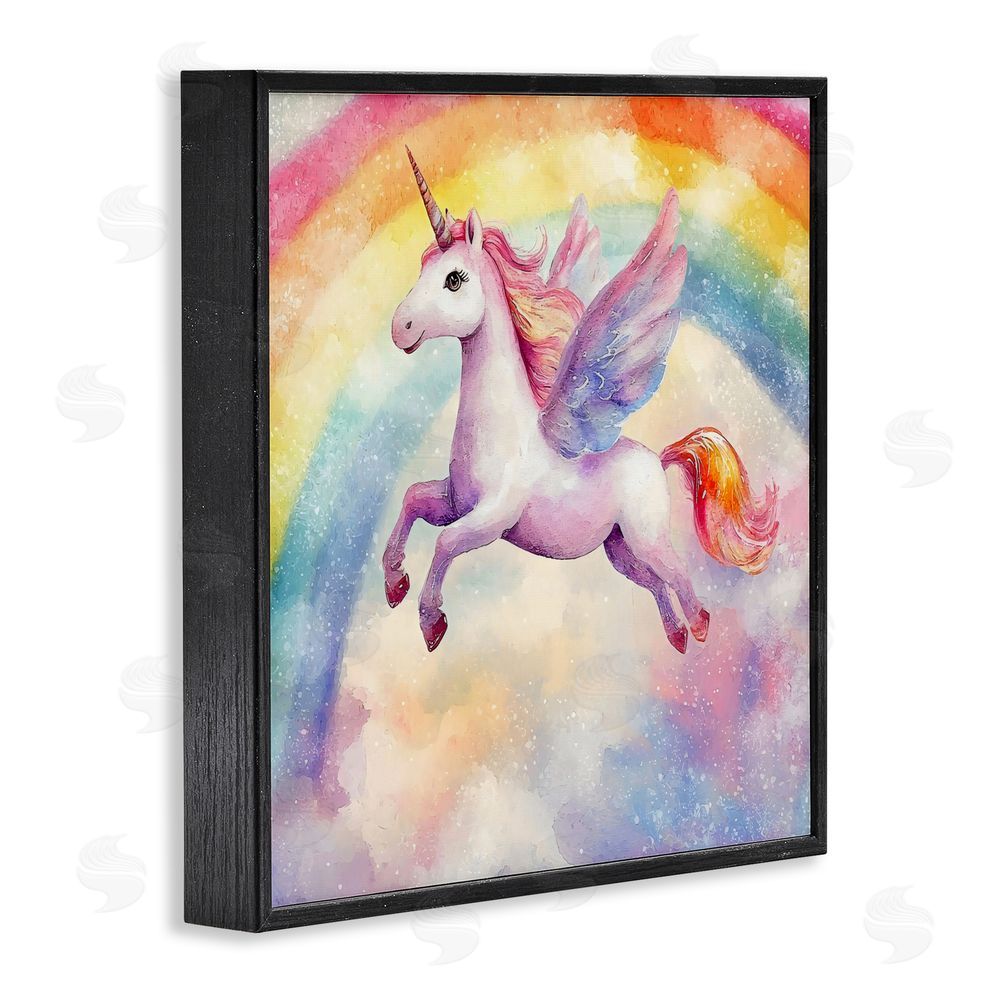 Creative Studio Flying Unicorn In Rainbow Sky Blacked Framed Giclee Wall Art Print