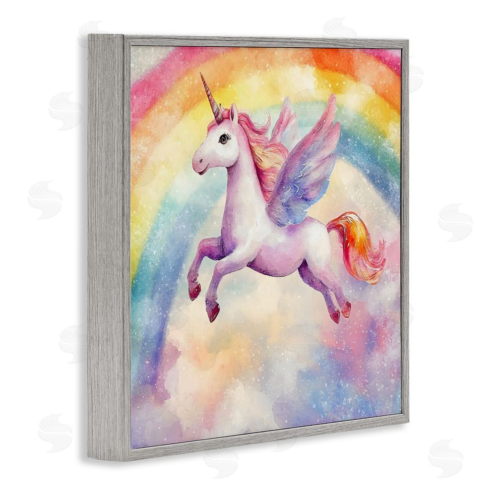 Creative Studio Flying Unicorn In Rainbow Sky Gray Framed Giclee Wall Art Print