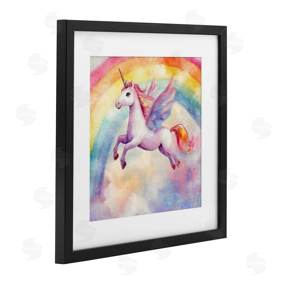 Creative Studio Flying Unicorn In Rainbow Sky Black Framed Print Under Glass with Mat Wall Art