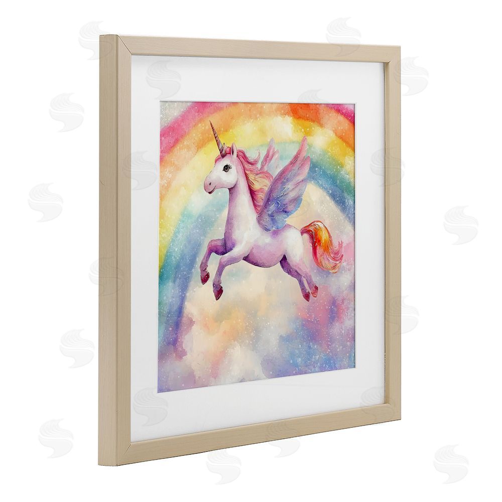 Creative Studio Flying Unicorn In Rainbow Sky Brown Framed Print Under Glass with Mat Wall Art