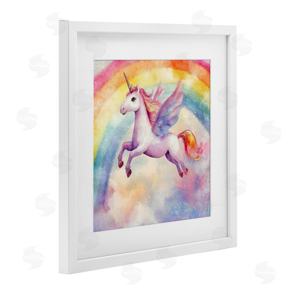 Creative Studio Flying Unicorn In Rainbow Sky White Framed Print Under Glass with Mat Wall Art