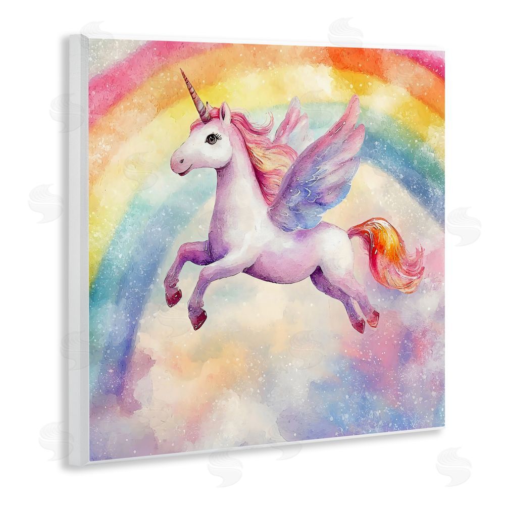 Creative Studio Flying Unicorn In Rainbow Sky Wooden Wall Plaque Art Print