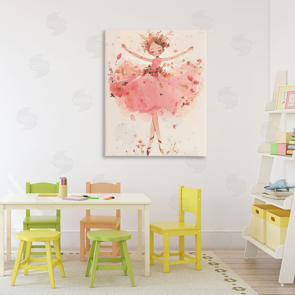 Creative Studio Pink Floral Dress Ballerina Stretched Canvas Wall Art Print in Room