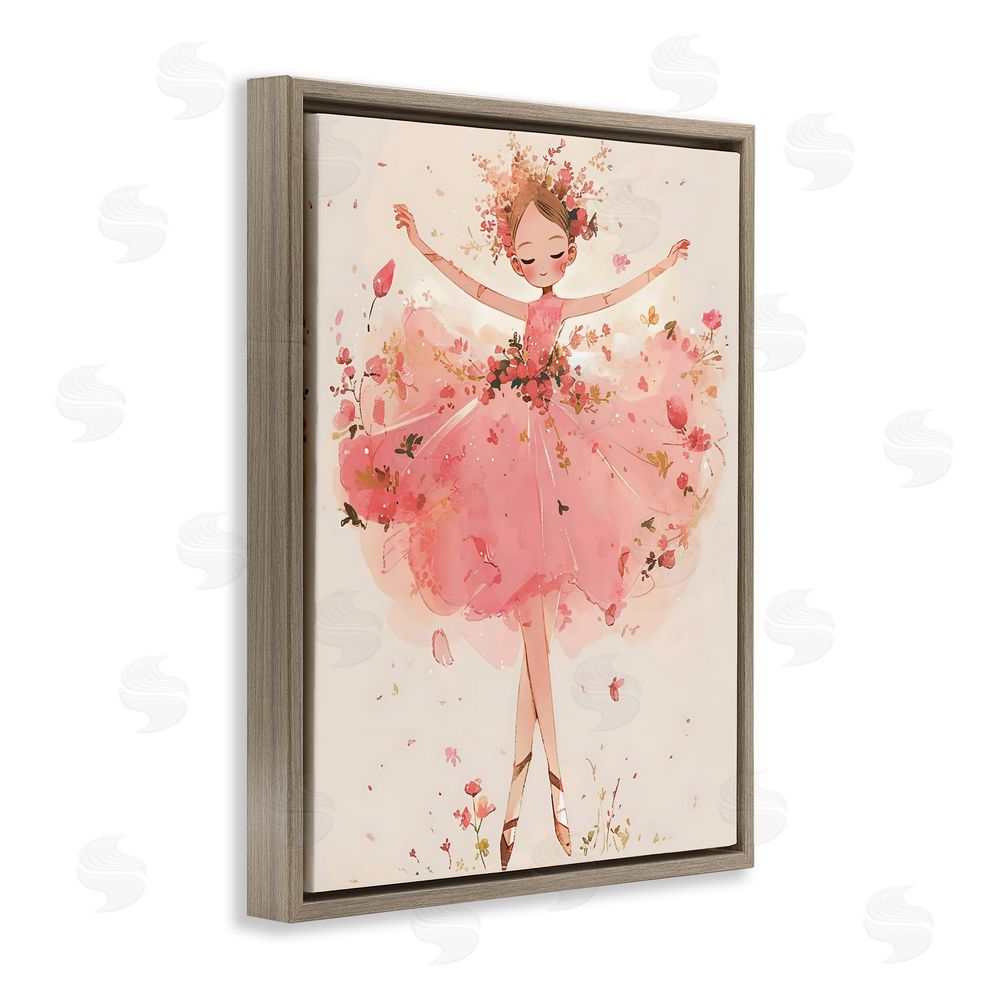 Creative Studio Pink Floral Dress Ballerina Brown Floating Frame Canvas Wall Art Print