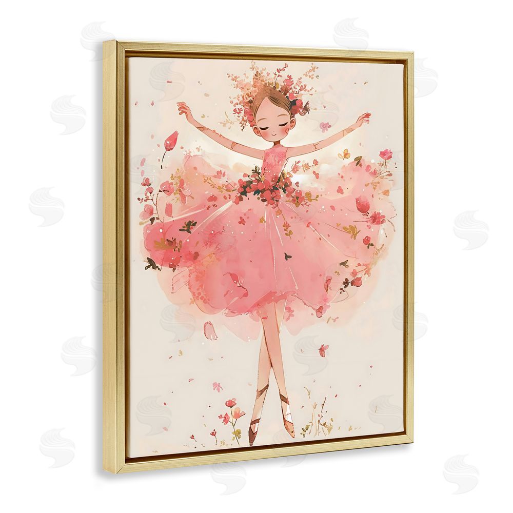 Creative Studio Pink Floral Dress Ballerina Gold Floating Frame Canvas Wall Art Print