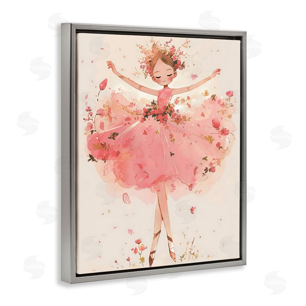 Creative Studio Pink Floral Dress Ballerina Gray Floating Frame Canvas Wall Art Print