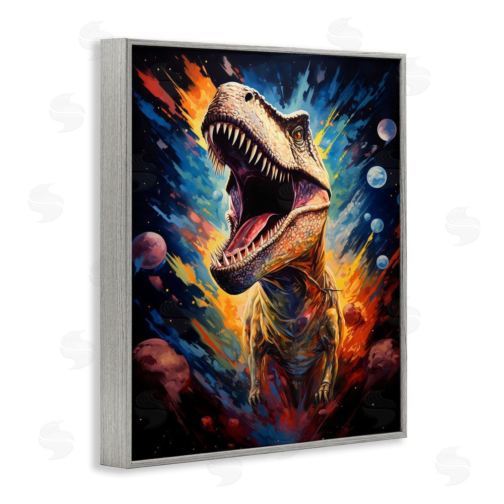 Creative Studio Dinosaur with Planets Gray Framed Giclee Wall Art Print