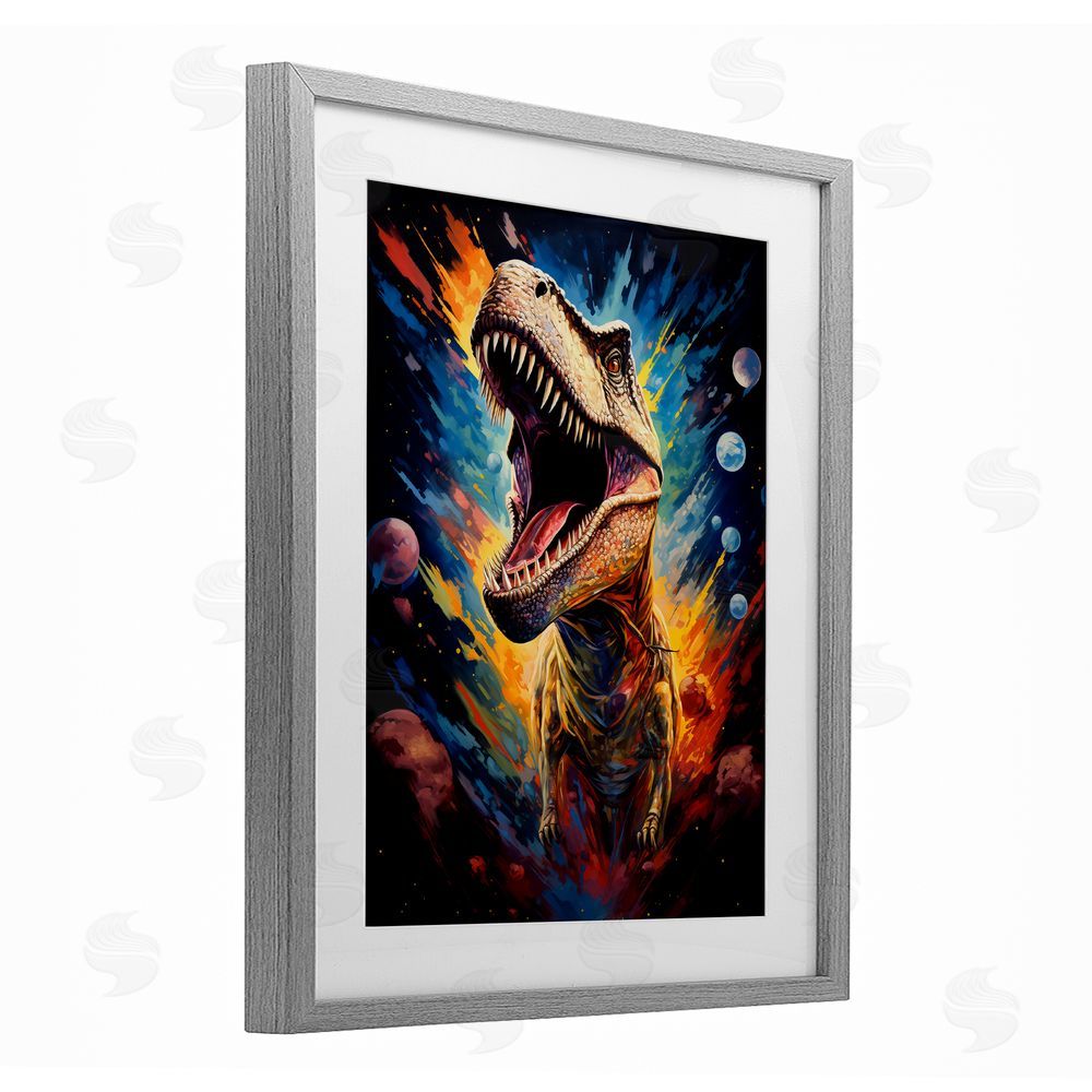 Creative Studio Dinosaur with Planets Gray Framed Print Under Glass with Mat Wall Art