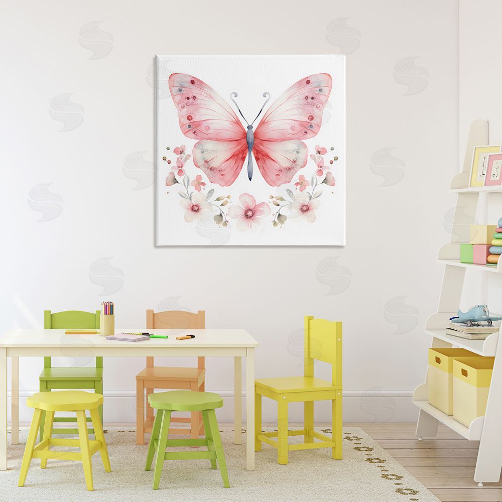 Creative Studio Pink Symmetrical Butterfly Florals Stretched Canvas Wall Art Print in Room