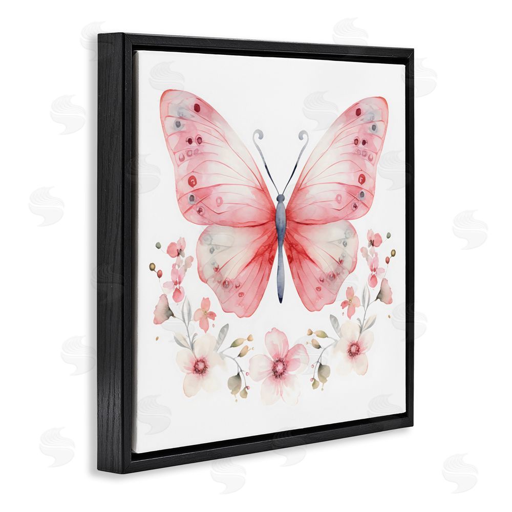 Creative Studio Pink Symmetrical Butterfly Florals Black Floating Frame Canvas Wall Art Print