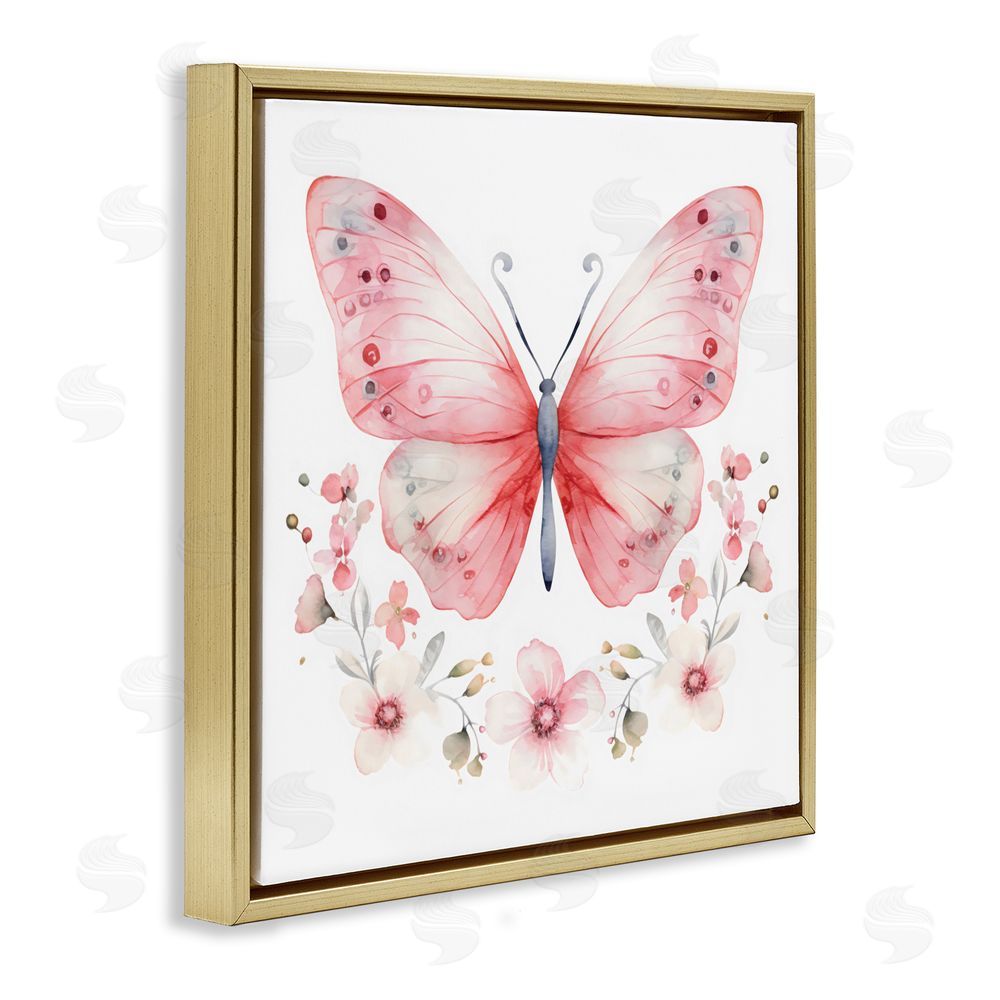 Creative Studio Pink Symmetrical Butterfly Florals Gold Floating Frame Canvas Wall Art Print
