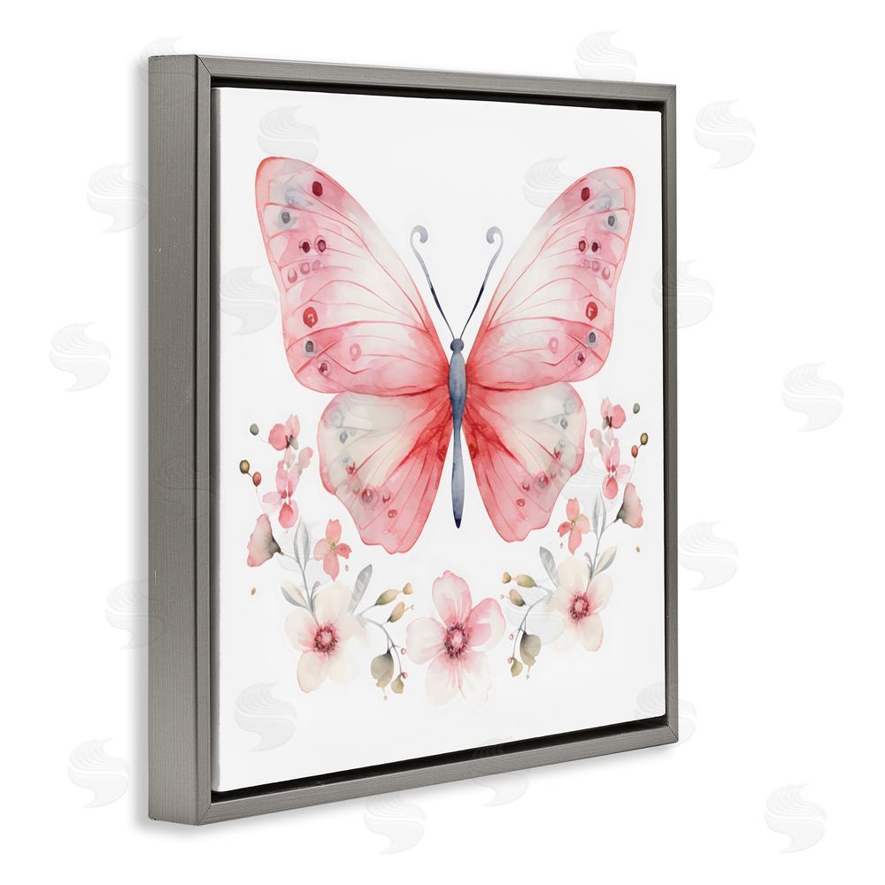 Creative Studio Pink Symmetrical Butterfly Florals Gray Floating Frame Canvas Wall Art Print